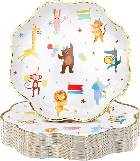 Maxdot 50 Pack Animal Parade Theme Party Plates, 9 Inch Disposable Paper Plates Scalloped with Cute Jungle Safari Animal Design, Fit for Birthday, Baby Shower, Party, Zoo Theme Celebration