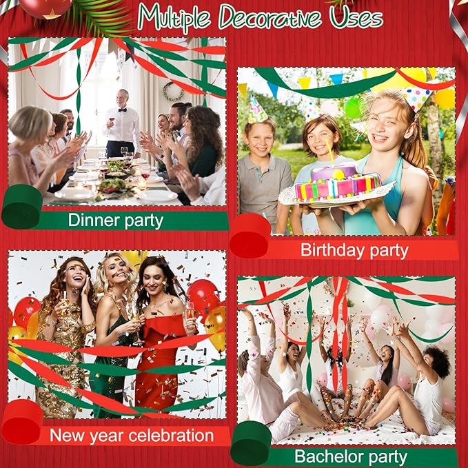 Sherr 24 Rolls Crepe Paper Streamers Hanging Party Decoration Holiday Streamers for Arty Decorations, Birthday Decorations, Wedding Decorations (Red, Green,1.8 Inch x 98 Feet)