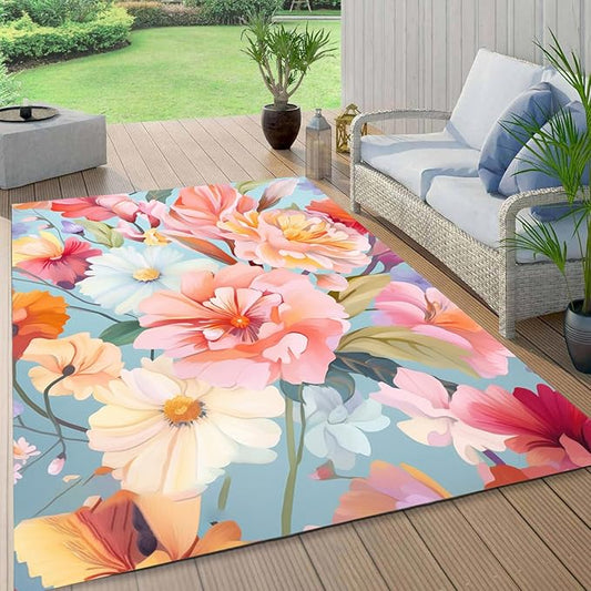 Outdoor Flower Rug with Anti Slip Backing Vibrant Waterproof 2x3 Area Rugs for Patio Deck Balcony Camping Garden Porch Large Floral Outside Carpet Peach Pink Blue Aesthetic Thick Mat