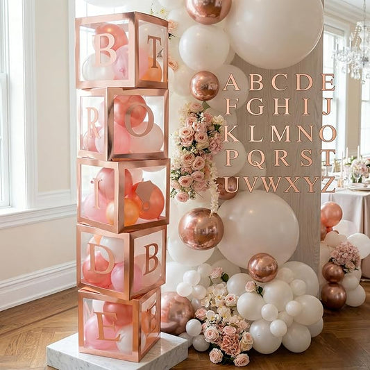 96 PC Bridal Shower Decorations Balloon Boxes Rose Gold - Transparent Block with BRIDE TO BE + GROOM + A - Z Letters and 40 Balloons- Engagement Bachelorette Parties Weddings Centerpieces Photo Booth