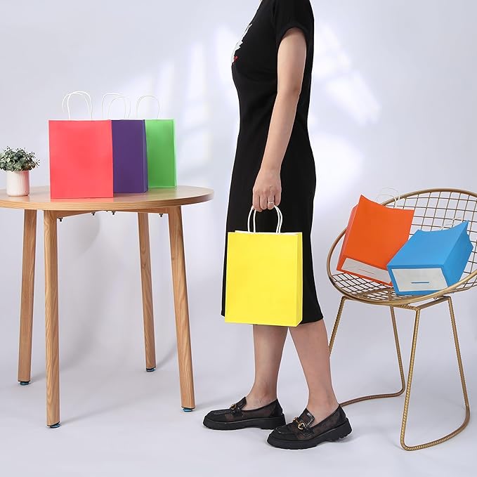 SUNCOLOR 24 Pack Rainbow Gift Bags with Handles – 8x4.5x10 Medium Bags for Shopping, Retail, DIY, Wedding, Party Favors & Special Occasions