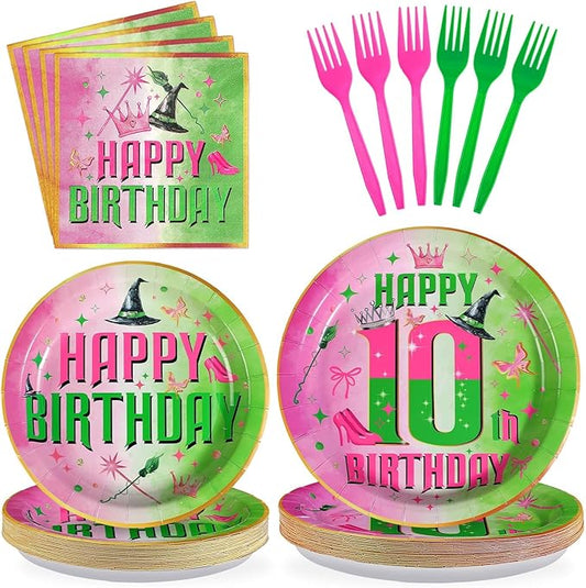 Grencian 96pcs Witch Birthday Decorations Pink and Green Witch Theme Paper Plates Pink and Green Birthday Party Supplies Tableware for Girls Double Digits Party Favors