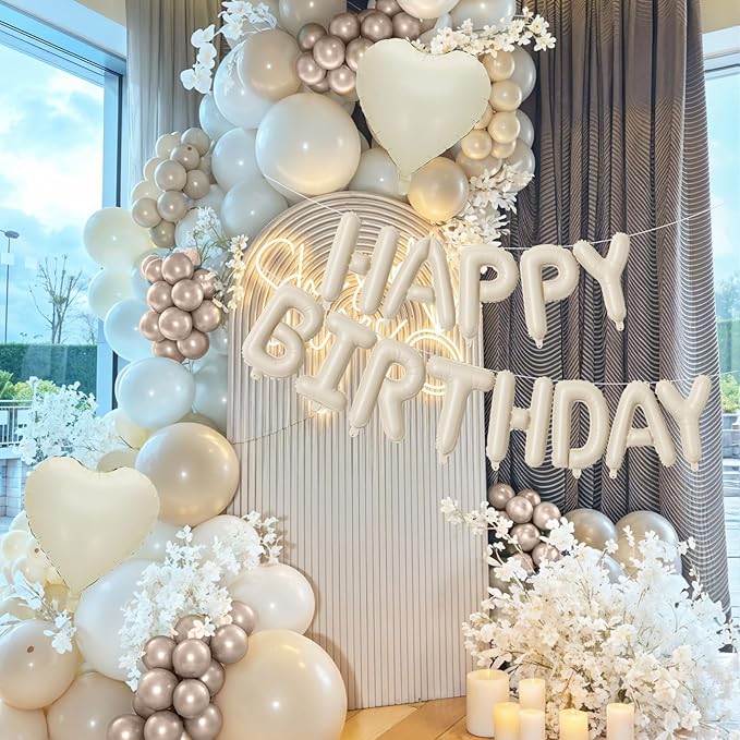 Happy Birthday Balloon Banner Cream, 16 Inch Beige Mylar Letters Heart Foil Balloons Pearl White Sand White Metallic Champagne Gold Balloons Boho Neutral Birthday Decorations for Girls Women Boy Men