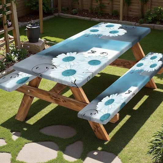 Picnic Table Cover with Bench Covers and Bag, Daisy Outdoor Waterproof Windproof Tablecloth with Elastic Edges. Camping Accessories RV Gear Campers Must Have 72x30 Inches 3 Pcs Set (Teal)