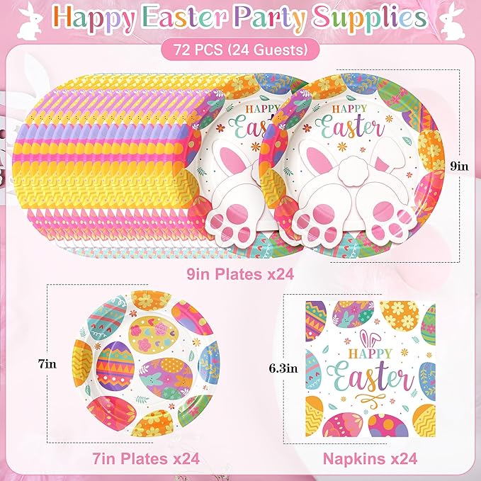 Happy Easter Plates and Napkins, 72PCS Colorful Easter Party Supplies, Bunny and Eggs Disposable Paper Plates, Spring Party Supplies, Rabbits Easter Party Decorations Serves 24