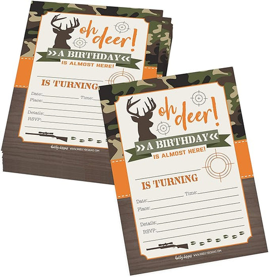 Hadley Designs Kids Birthday Invitations For Boys Camo Theme - 25 Deer Hunting Birthday Party Invitations For Boys, Camouflage Oh Deer Invites For Boy, Cute Hunting Party Supplies, Made In USA