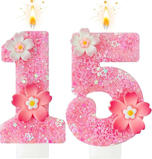 Pink Flower Birthday Candle,Number Birthday Candles for Cake, Ideal Birthday Parties Cake Decor, Wedding Anniversary and Other Celebrations (Number 15, Pink)