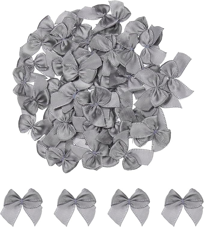MECCANIXITY 50Pcs Mini Ribbon Bow 1" Mini Fabric Satin Ribbon Flower Bows for Craft DIY Sewing Wedding Birthday Party Grey