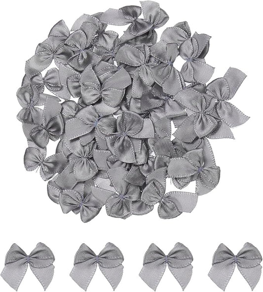 MECCANIXITY 50Pcs Mini Ribbon Bow 1" Mini Fabric Satin Ribbon Flower Bows for Craft DIY Sewing Wedding Birthday Party Grey