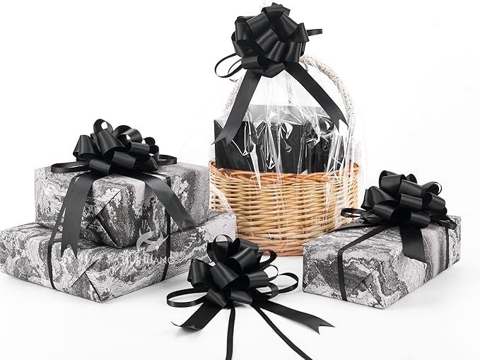 HUIHUANG Black Bows for Gift Wrapping 12 PCS Black Satin Pull Bows 4 inch Gift Bow for Presents, Gift Basket, Paper Bag, Wrapping Accessories, Birthday Wedding Party, Christmas Decor