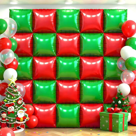 25Pcs Red and Green Square Foil Balloons Wall Backdrop, Double Sided Metallic Foil Balloons Tunnel Arch Garland Kit for Photo Booth Birthday Wedding Graduation Halloween Party Decorations