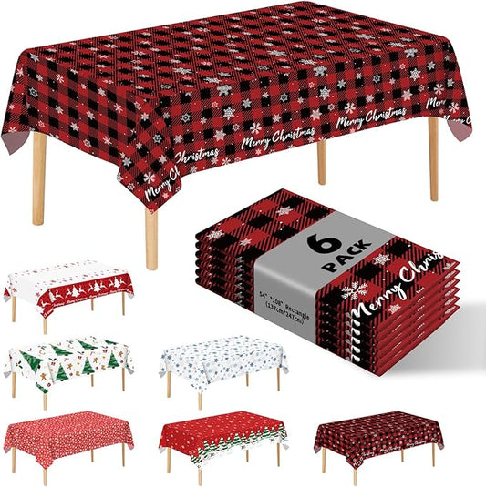 6 Pack Snowflake Tablecloth - Disposable Plastic Table Cover for Christmas Party Decoration Supplies - 54 x 108 Inches (Red Checkered Snowflake)