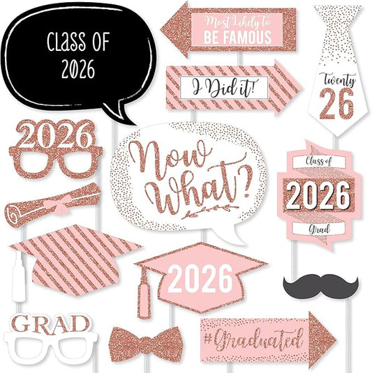 Big Dot of Happiness Graduation Props for Photoshoot 2026, 20-Count Set of High School Senior Photo Booth Props for Pictures and Graduation Party Decorations - Rose Gold