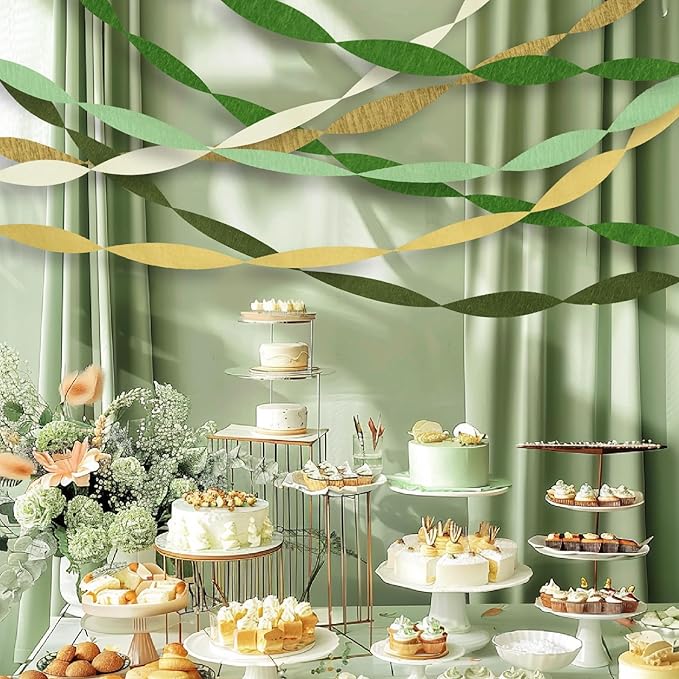 Camp Bachelorette Decorations, 12 Rolls Sage Green & Gold Crepe Paper Streamers for Green Boho Birthday Engagement Wedding Bridal/Baby Shower, Dinosaur Jungle Woodland Party