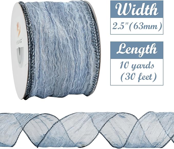 HUIHUANG Blue Wire Ribbon 2.5 inch Metallic Crinkle Dusty Blue Wired Ribbon for Bows Making Gift Wrapping Wreaths Holiday Home Decor DIY Crafts Christmas Tree Bows -10 Yards