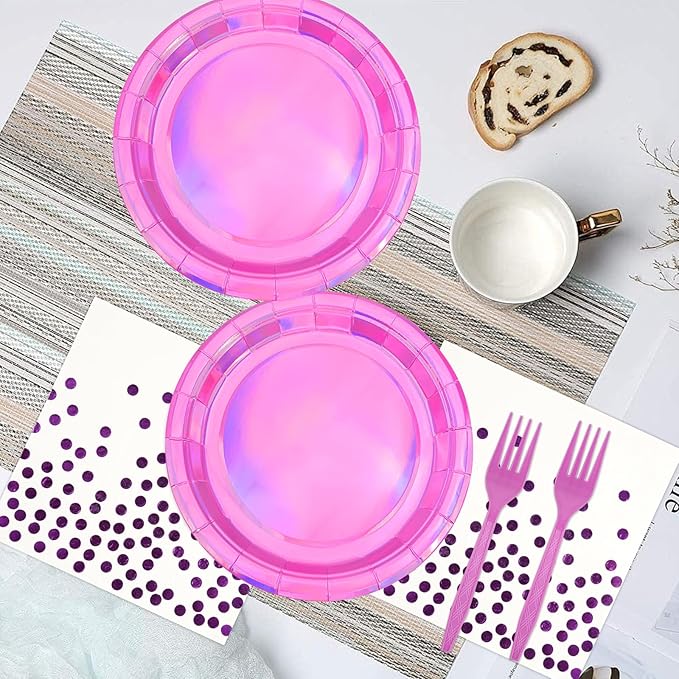 72Pcs Iridescent Pink Plates and Napkins Party Supplies, Hot Pink Holographic Disposable Paper Plates Napkins with Forks Tableware Set for Birthday Graduation Kpop Party Decorations