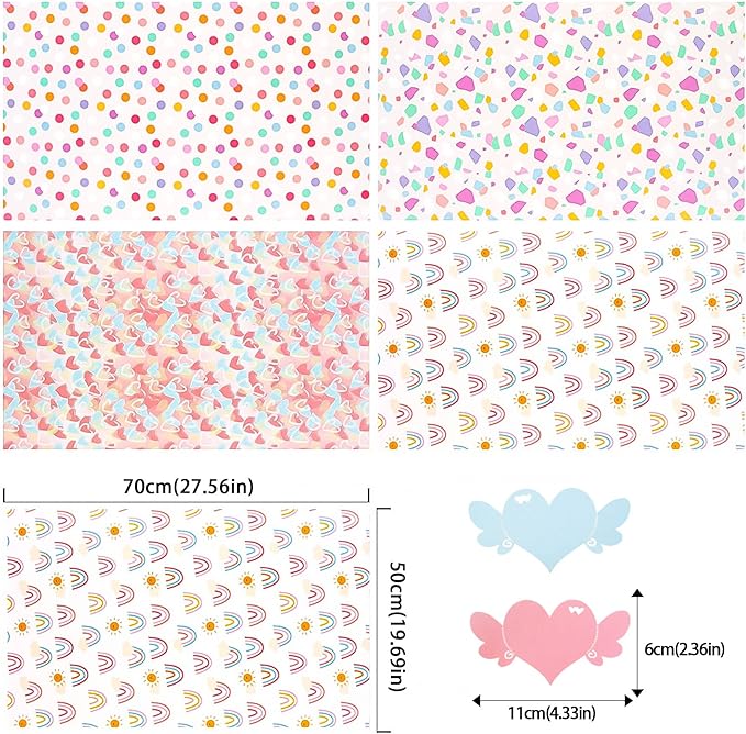Larcenciel Gift Wrapping Paper, Birthday Wrapping Paper for Girl w/Gift Tags, Rainbow Polka Dots Heart Gift Wraps for Birthday, Valentines Day, Christmas, Wedding, Baby Shower, 4 Sheets 27.5x19.6inch