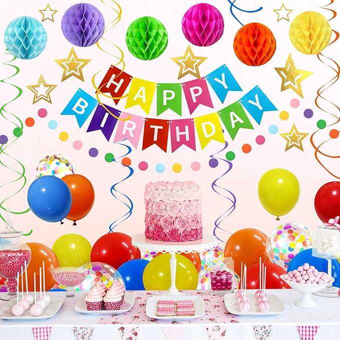 ZERODECO Birthday Decorations, Easy to Assemble Colorful Happy Birthday Banner with Honeycomb Ball, Balloon, Hanging Swirl Streamer, Garland, Happy Birthday Party Decorations for Women Girls Kids