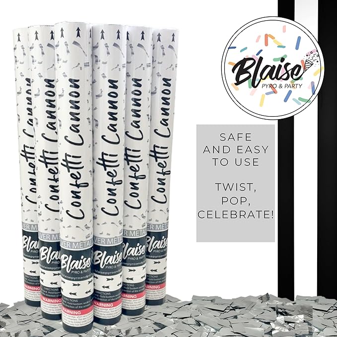Blaise Pyro & Party Silver Confetti Poppers - Easy to Use Paper Confetti Poppers for Weddings, Birthdays, Anniversaries & More - Colorful Confetti Cannon for Memorable Photos - 6 Pack, 18 Inch