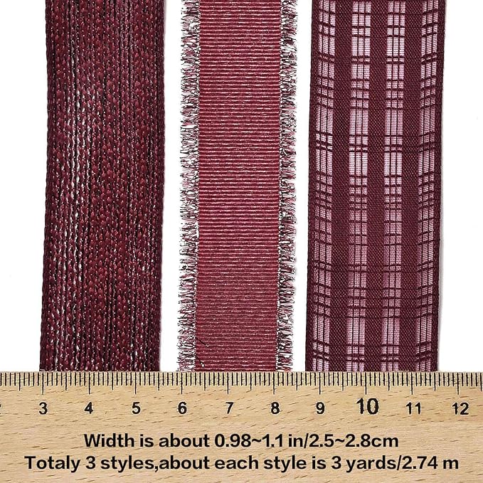 BEEFLYING 3 Styles 9 Yard Dark Red Wire Edged Ribbons Wrapping Decoration 25~28mm×2.7m Organza Ribbon Satin Ribbon for Wedding Party Deco Hair Bows Flower Designs Sewing and Craft