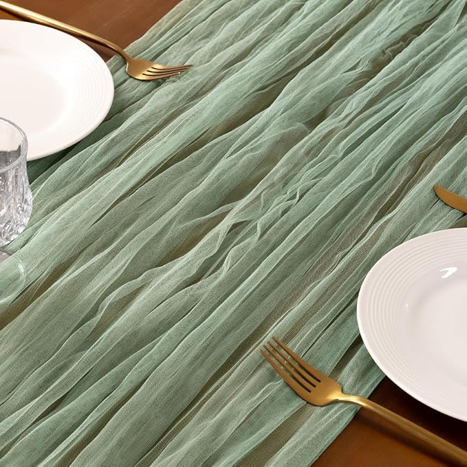 Socomi Sage Green Cheesecloth Table Runner Tulle Gauze Cheese clothBoho Rustic 120 inch 10FT Runner for Wedding Party Baby Shower Birthday Holiday Decorations 3pcs