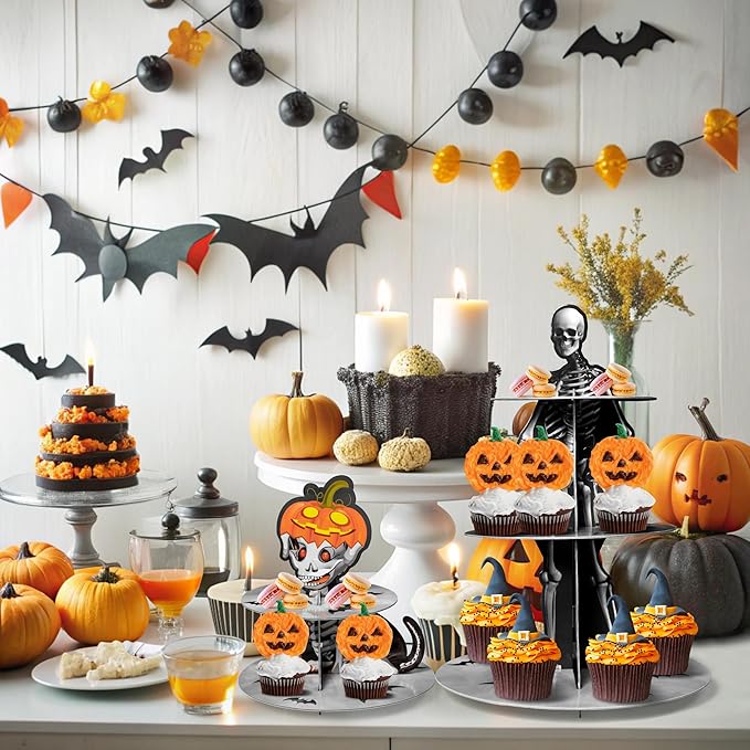 Haooryx Dachshund Dog Skeleton Cupcake Stand - 3 Tier Halloween Pumpkin Dog Bone Cupcake Tower Cardboard Gothic Dessert Holder Pastry Platter for Halloween Party Table Decoration Birthday Party Supply