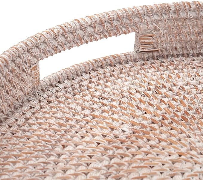 Coffee Table Tray Round Rattan Ottoman Tray Woven Serving Trays with Handles for Home and Kitchen Decorative Whitewash (Large 16.9 inch)