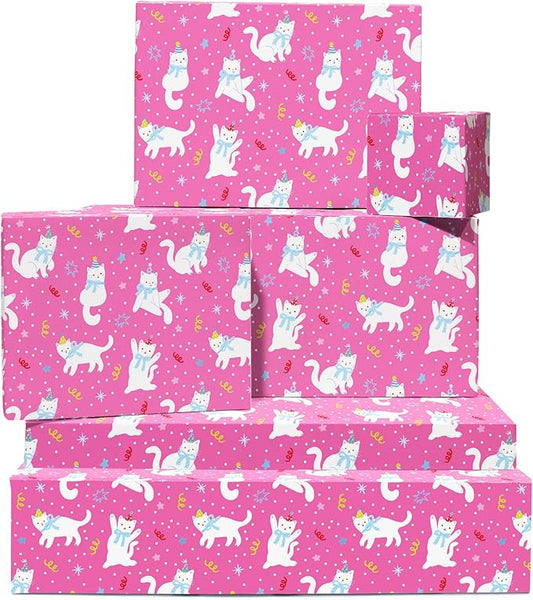 Cat Wrapping Paper - Funny Cat Themed Gifts - 6 Giftwrap Sheets - Pink Gift Wrap For Christmas Birthday Baptism Baby Shower - For Girls Boys Men Women Son Daughter - Includes Tags - Recyclable