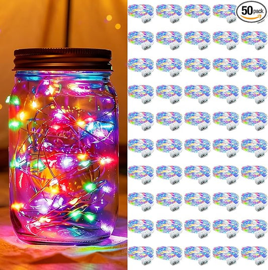 50 Pack Fairy Lights 7Ft 20 LED Twinkle String Lights 3 Modes Battery Operated Waterproof Firefly Starry for Mason Jar Party Wedding Christmas Valentines Day Table Centerpieces,Multicolor