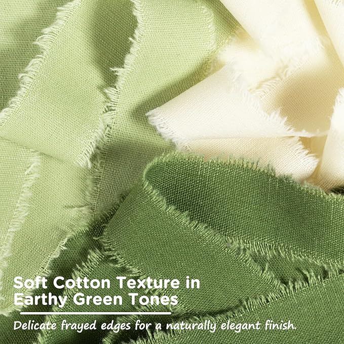 Green Cotton Ribbon 1 Inch Sage, Moss & Ivory 3 Rolls 21 Yards Frayed Edge Fabric Set for Boho Rustic Wedding Invitations, Bridal Bouquets, Gift Wrapping, DIY Crafts, Spring Home Decor