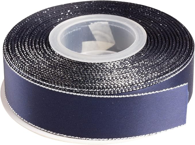 1" Double Face Satin Ribbon with Silver Edge 25 Yards (370-Navy), Perfect for Gift Wrapping, Party Decor, Wedding and Craft