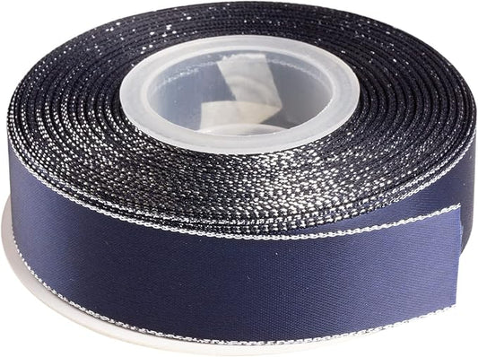 1" Double Face Satin Ribbon with Silver Edge 25 Yards (370-Navy), Perfect for Gift Wrapping, Party Decor, Wedding and Craft