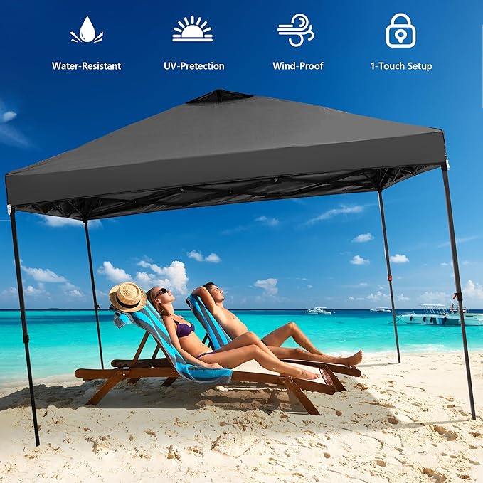 GDY 10x10 Pop Up Canopy Tent with 4 Sidewalls, Easy Set up with One Push Lift Outdoor Silver Coated Beach Gazebos, Carpas with 4 Sandbags, for Events, Parties,Camping, Black.