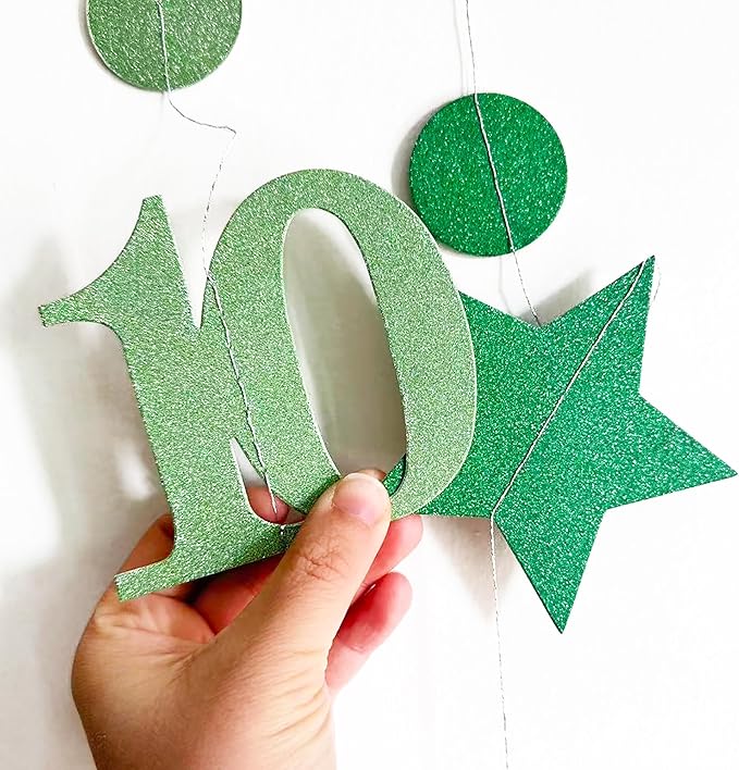Green 10th Birthday Decorations Number 10 Circle Dot Star Garland Glitter Streamer Banner Backdrop for Girls Boys Double Digits Cheers to 10 Years Old Birthday 10th Anniversary Party Supplies