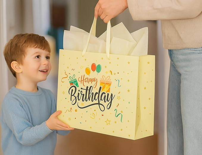 Febbleshow Yellow Birthday Gift Bags with Tissue Paper for Boys Girls Kids Baby Shower - Matte Finish with Colorful Balloon Gift Bag - 13"x10.3"x4.7" (Pack of 2)