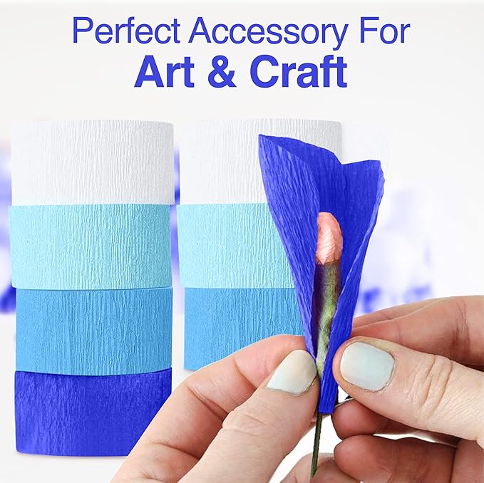 Blue Crepe Paper Streamers, Blue Party Decorations - 8 Large Rolls, 2in x 120ft Each Roll - Decorative Creped Roll for Birthday, Festival, Wedding, Backdrop or Photo Booth Decoration and Flower Making