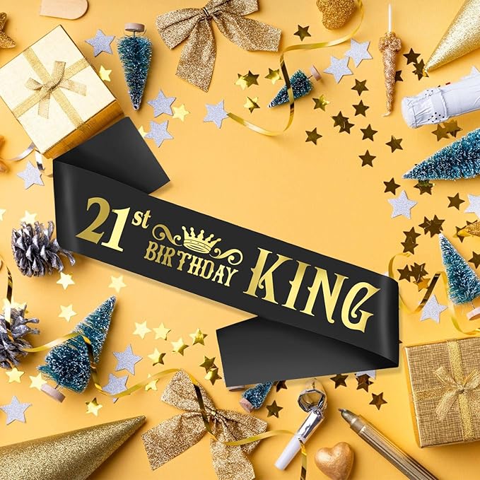 21st King Sash, Funny Black and Gold Foil Birthday Sash, Great for Men's 21st Birthday Parties, Large Size (35.4x3.74 inch)