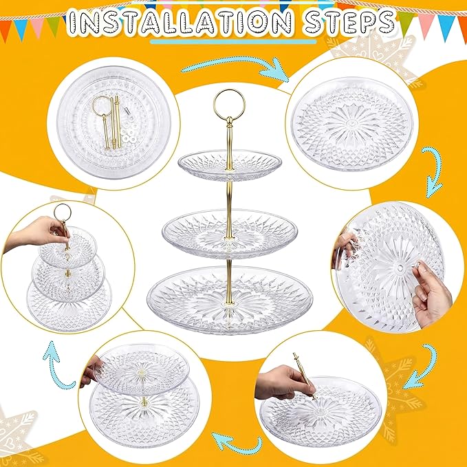 Pinkunn 9 Pcs Acrylic Cake Stand Set Include 4 Pcs 3 Tier Cupcake Tower 4 Round Dessert Tray 1 Cake Pedestal Stand Dessert Table Cupcake Holder for Birthday Wedding Baby Shower Party Decoration