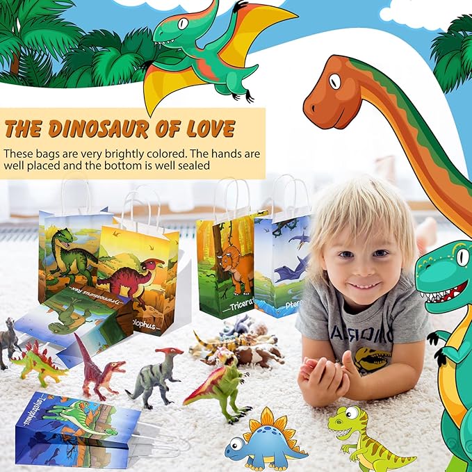 Pajean 24 Pcs Dinosaur Candy Bags with Handle, Dinosaur Party Favor Paper Bags Kids Gifts Goodie Treat Wrapping for Boys Girls Dino Theme Birthday Baby Shower Party Supplies(Cute Style)