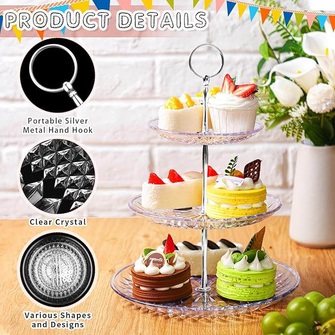 Patelai 8 Packs 3 Tier Crystal Acrylic Clear Cake Stand with Gold Round Holder Acrylic Cupcake Stand Holder for Home Wedding Holiday Birthday Baby Shower Tea Party (Clear, Silver)