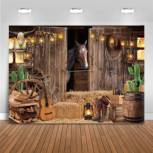 Mocsicka Western Cowboy Backdrop - Wild West Rodeo Barn Backdrops for Photoshoot Western Theme Party Decoration(Brown, 6x4ft)