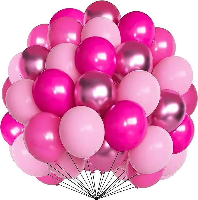 Firomi Metallic Pink Balloons Set 12-inch 70 pack Metallic Chrome Hot Pink Latex Balloons Pink and Light Pink Balloon for Birthday Wedding Party (with 2 Ribbons)