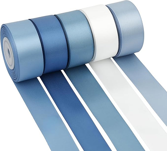 1 Inch Dusty Blue French Blue Double Face Satin Ribbon Set, 5 Rolls, 50 Yards, Polyester Assorted Blue Tones for Wedding Decor, Gift Wrapping, Hair Bows, Flower Bouquets and Crafts