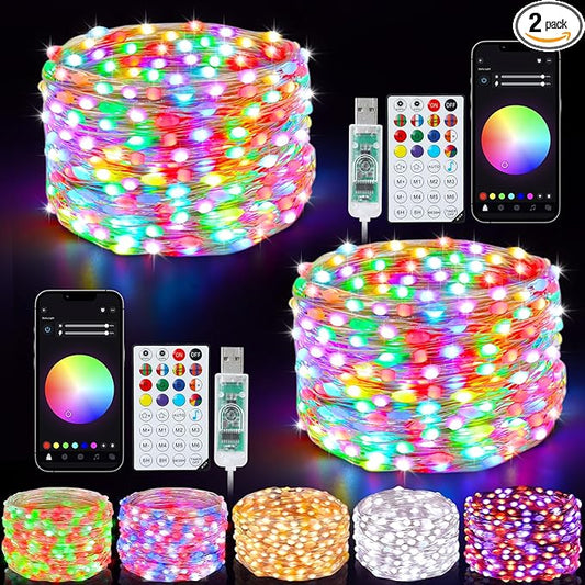 Smart Fairy Lights 2 Pack Total 66Ft 200 LED Twinkle String Lights with Remote & APP Control, Color Changing USB Fairy Lights Music & Mic Sync for Valentine's Day Holiday Party Decor