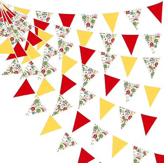 32Ft Farm Animals Party Decorations Red Yellow Barnyard Themed Fabric Banner Triangle Pennant Flag Garland Streamers for Kids Farm Birthday Baby Shower Barnyard Tractor Party Outdoor Garden Supplies