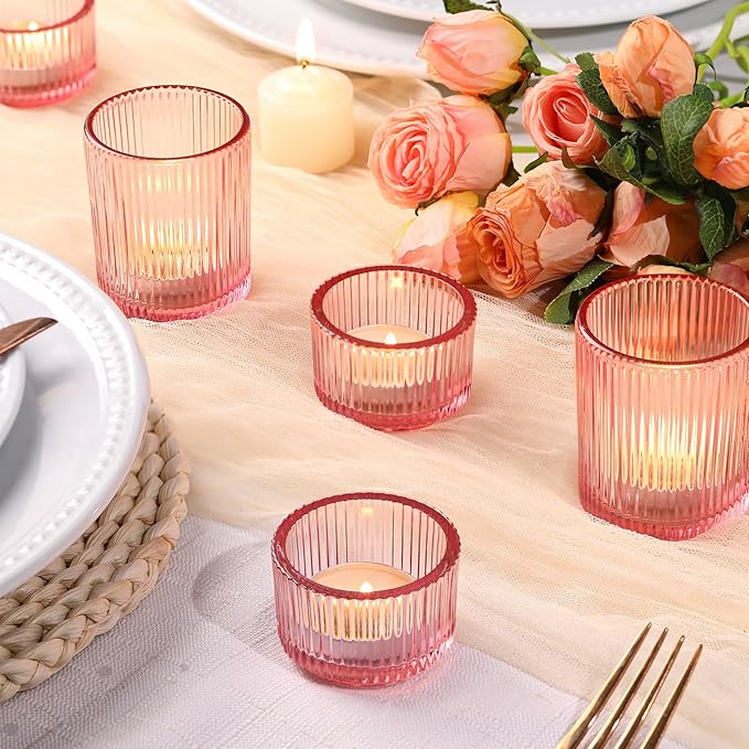 NITIME 20pcs Assorted Ribbed Pink Votive Candle Holders, Tealight Candle Holder for Valentine's Day, Pink Candle Holders for Wedding Table Decor, Mother' s Day, Bridal Shower and Party Decorations
