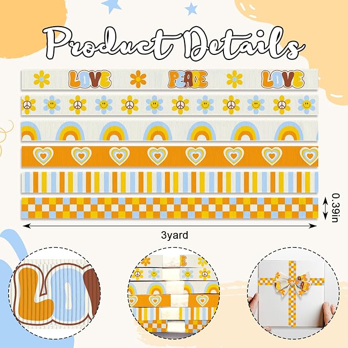 6 PCS Birthday Ribbons for Crafting, 3/8" Width Grosgrain Ribbons Orange Yellow Ribbon Baby Shower Heart Flowers Craft Ribbons for Gift Wrapping 1st Birthday Decoration
