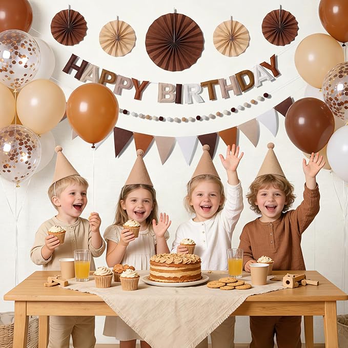 Pre-Strung Happy Birthday Banner, Reusable Felt Birthday Party Decorations, 3D Effect Happy Birthday Sign with Felt Ball Garland, Pennant Flag, Hanging Paper Fans for Men Women Boy Girls (Brown)