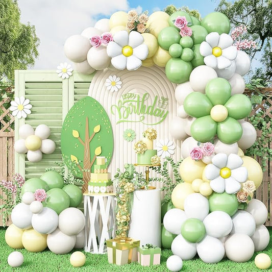Daisy Balloon Garland Arch Kit,Green Yellow White Boho Balloons Garland Daisy Flower Balloons For Birthday Baby Shower Bridal Wedding Groovy Daisy Party Decorations