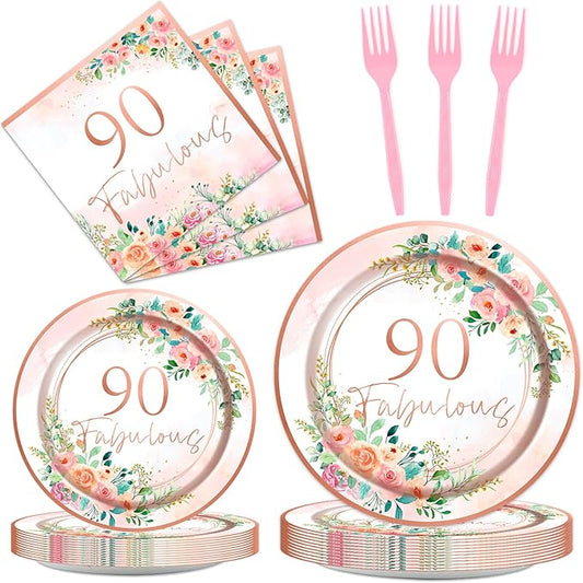 OBUSATT 96Pcs Floral 90 Fabulous Party Supplies 90th Birthday Paper Plates Napkins Rose Gold Party Decorations 90 Years Dinnerware Party Favor Women 90th Tableware Serves 24